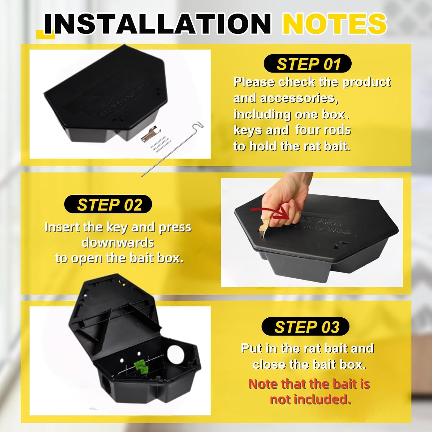 Qualirey 3 Pcs Rat Bait Station with Keys 13.58 x 8.98 x 3.35 Inch Rodent Station Rat Traps, Keeps Children and Pets Safe Indoor and Outdoor, Bait Not Included (Black)