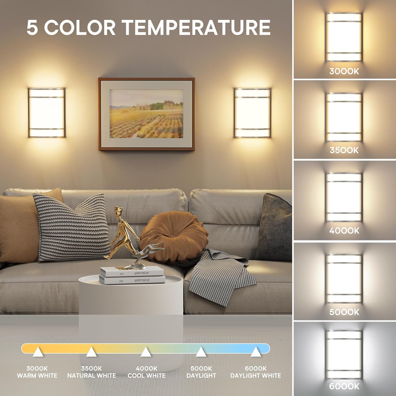 LED Indoor Wall Mount Light Fixture, Brushed Nickel Wall Sconce Lighting, 3000K 4000K 5000K Adjustable, Half Cylinder Hallway Light Fixture for Living Room Bedroom Porch