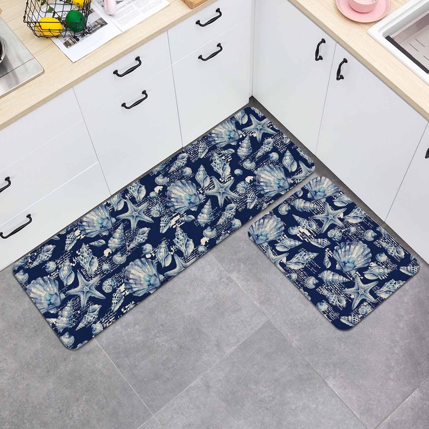 Coastal Seashell Kitchen Mat Set 2 Pieces Summer Nautical Navy Blue Shell Starfish Non Slip Kitchen Rugs Washable Runner Rug Mats for Floor Sink Laundry Office 19.7" x 31.5"+19.7" x 47.2"