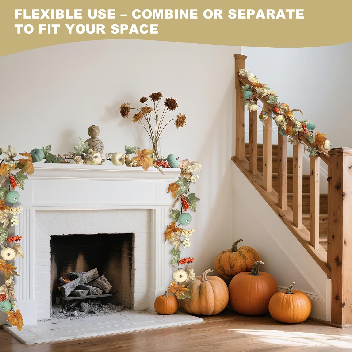 2PCS Fall Garland for Mantle, 5 ft, Artificial Autumn Leaves with White and Blue Pumpkins, Orange Berries, Farmhouse Fall Decorations for Fireplace, Front Door, Wall, Wedding, Thanksgiving