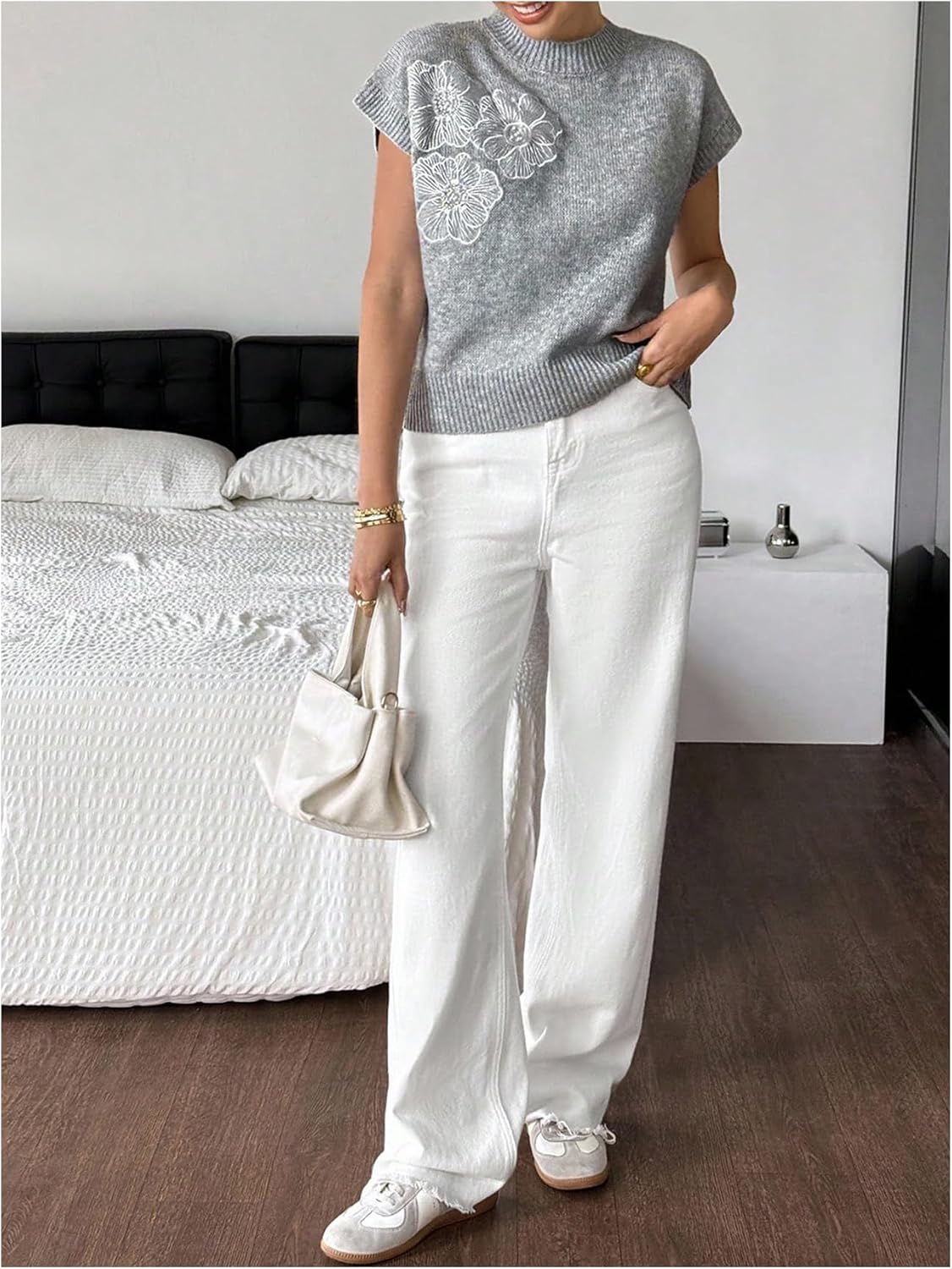 SOLY HUX Women's Short Sleeve Sweater 3D Floral Sweaters Pullover Tank Tops Knit Vest Trendy Fashion Clothing Grey White Floral Large - Image 5