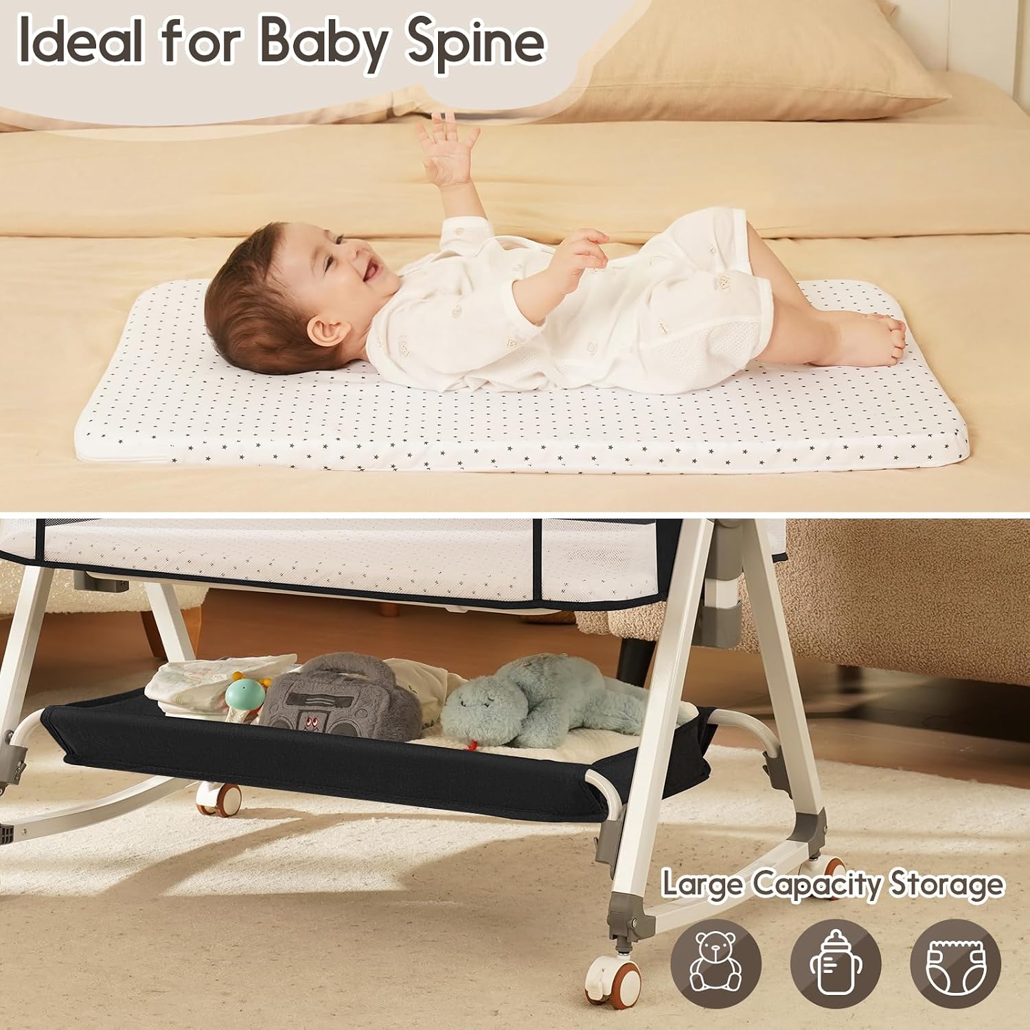 3 in 1 Bedside Bassinet for Baby, Easy to Assemble & Portable Bedside Crib for Newborns with Storage Basket, Lockable Wheels & Breathable Mattress, 6-Position Height Adjustment