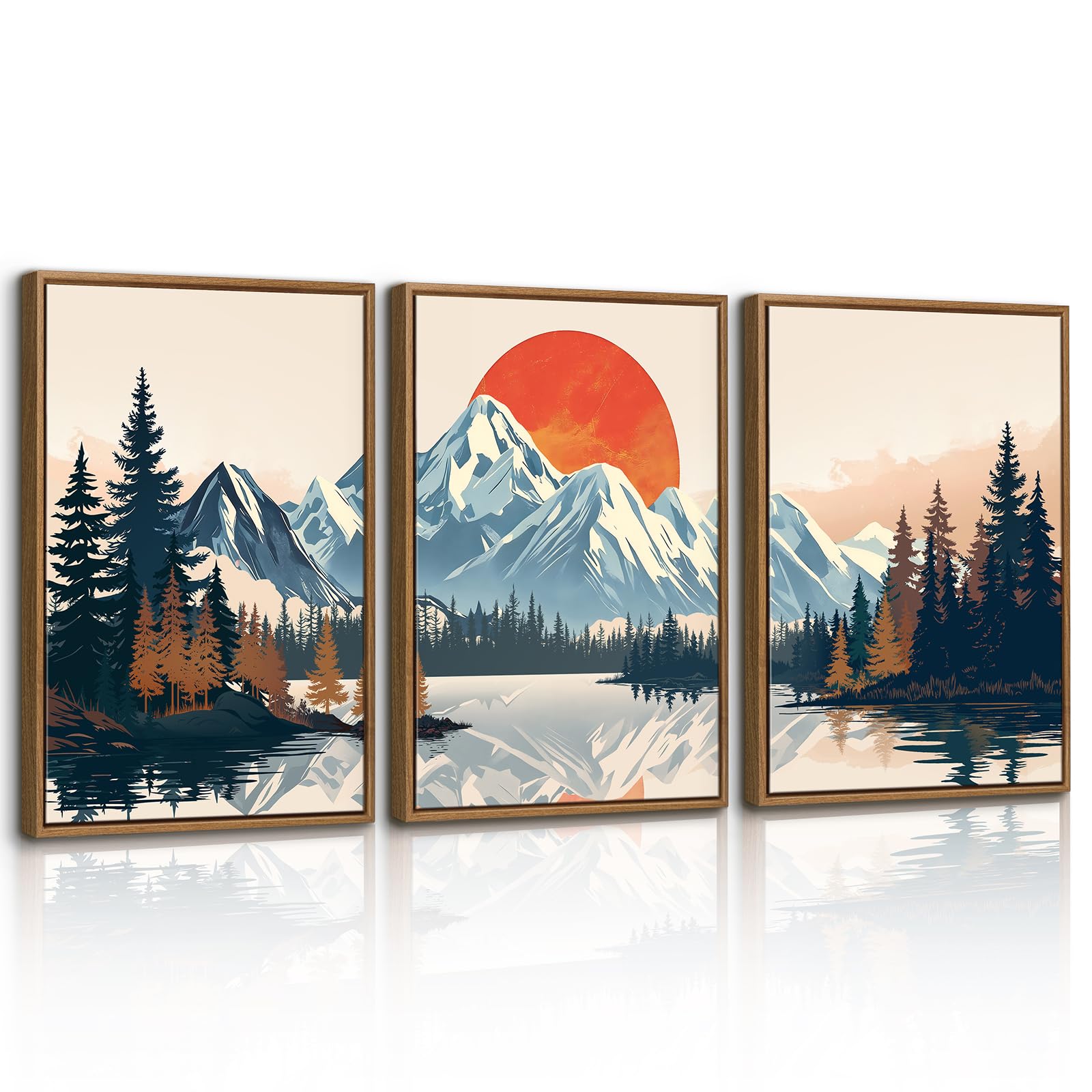 WENGTIAO Canvas Wall Art Framed Set of 3, Vintage Mountain Landscape Pictures, Forest Nature Sunrise Lake Pine Trees Painting Prints on Canvas for Living Room Bedroom Home Wall Decor 40x60cmx3