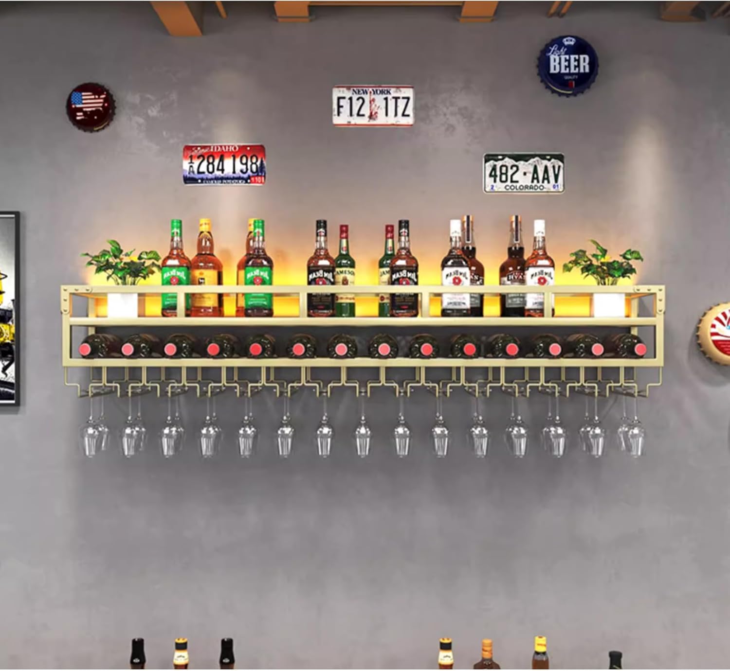 Bar Unit Floating Shelves,Wall Mounted Wine Rack with LED Light,Wine Storage Rack with Stemware Rack,Wall Mounted Wine Display Rack for Home Bar Dining Room(Size:100x25x27cm,Color:Gold)