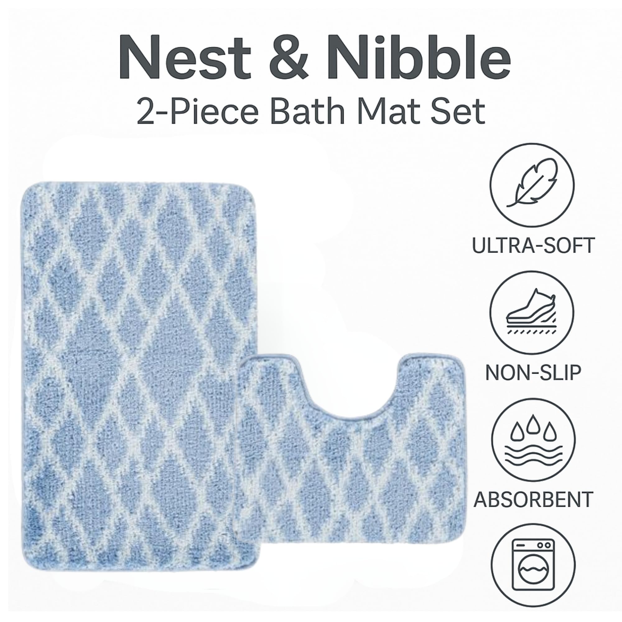 Nest & Nibble Bath Mats 2 Piece Set Non Slip Bath Mat & Toilet Rug, Soft Microfiber, Quick Dry, Machine Washable - Image 4
