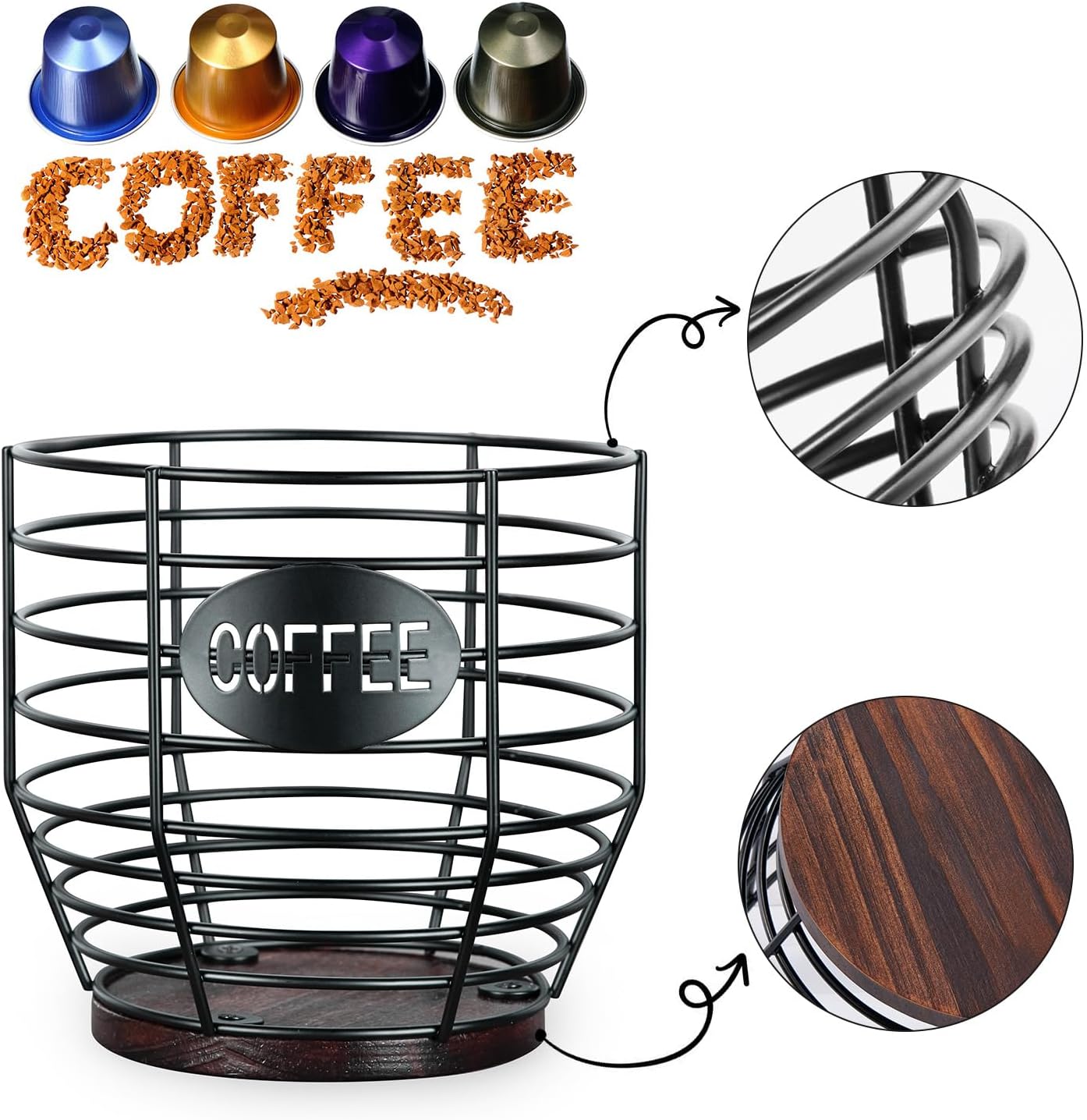 Yangbaga 1pcs Coffee Pod Holder - Large Capacity Black Wire K-Cup Holder With Wooden Base, Modern Basket Bar Decor for Station,Coffee Pods & Capsules, Fruit Snack Storage