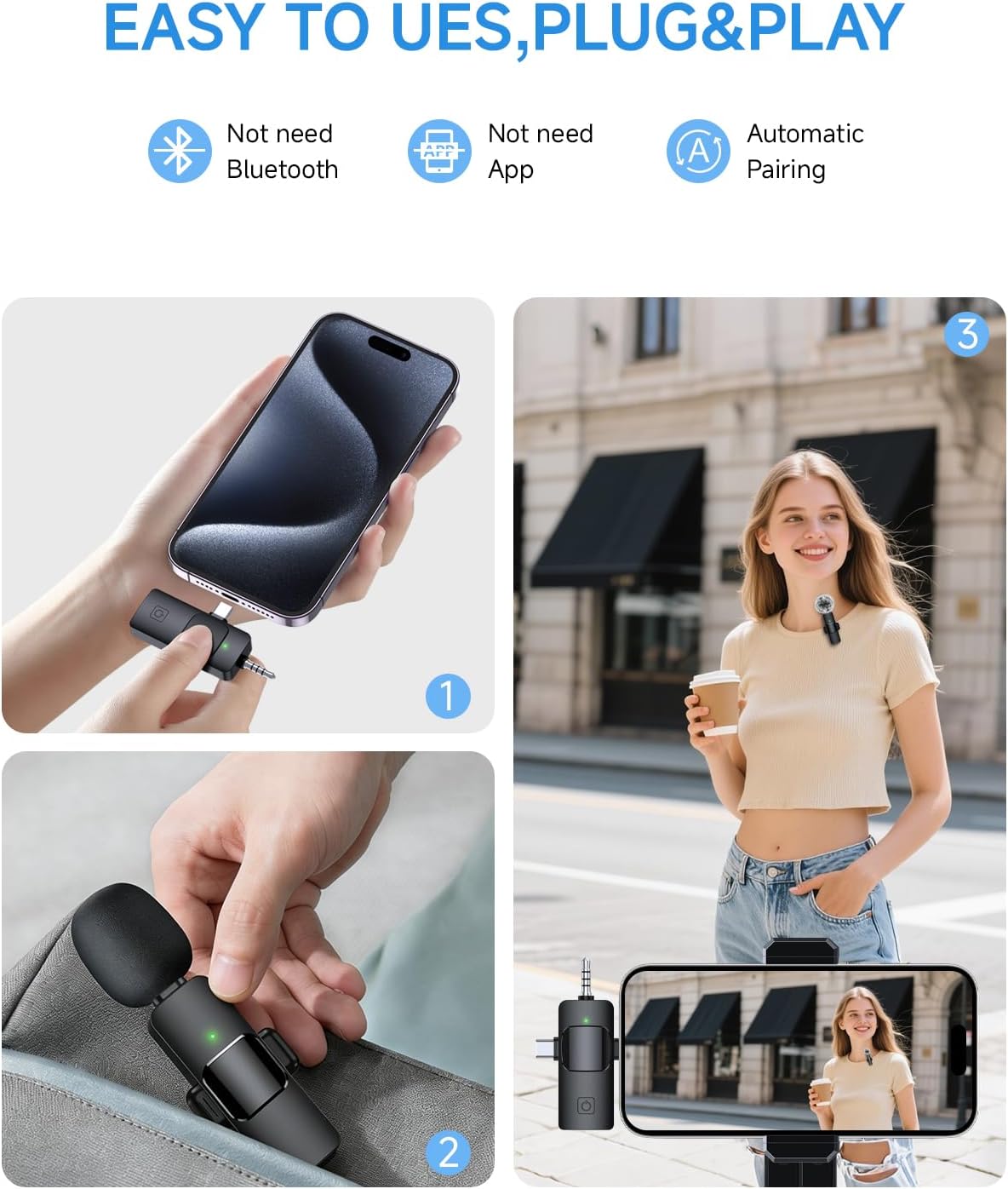 PQRQP Mini Microphone for iPhone - 3 in 1 Wireless Microphones for iOS/Android/Camera, Studio-Quality Audio, Plug & Play Clip Mic for Video Recording Podcast - Image 4