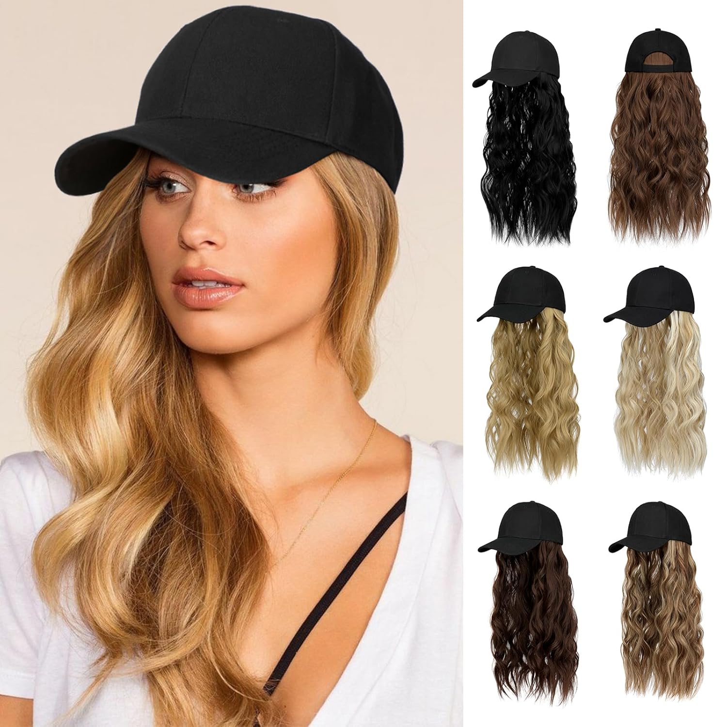 Lansigreen Hat Wig for Women Baseball Cap with Hair Extensions Adjustable Hat