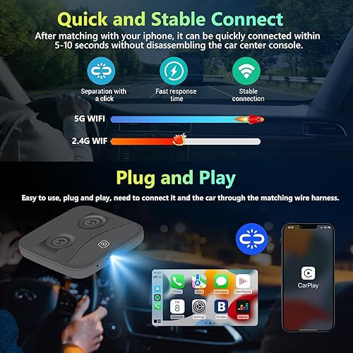 Miniatura 4 de Podofo Adaptador inalámbrico Apple Carplay 2024 para fábrica con cable CarPlay iPhone Bluetooth Adaptador de coche con cable a inalámbrico Apple Car