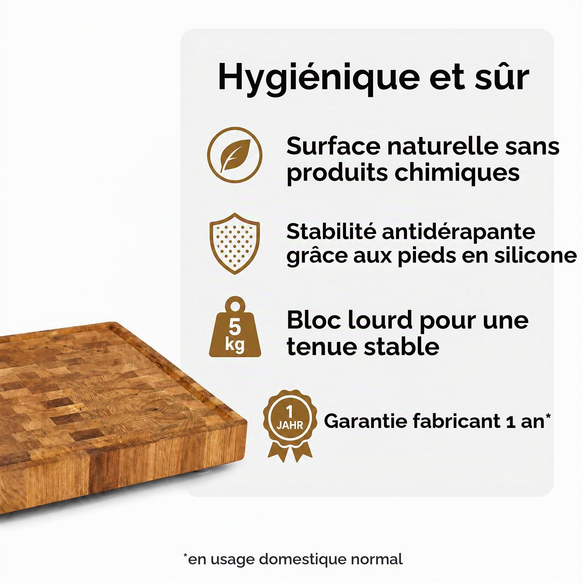 B4K® Planche à découper en chêne antibactérien - 50 × 35 × 4 cm - Bloc de hachage massif avec poignées, rainure à jus et pieds en silicone - Parfait pour la cuisine,