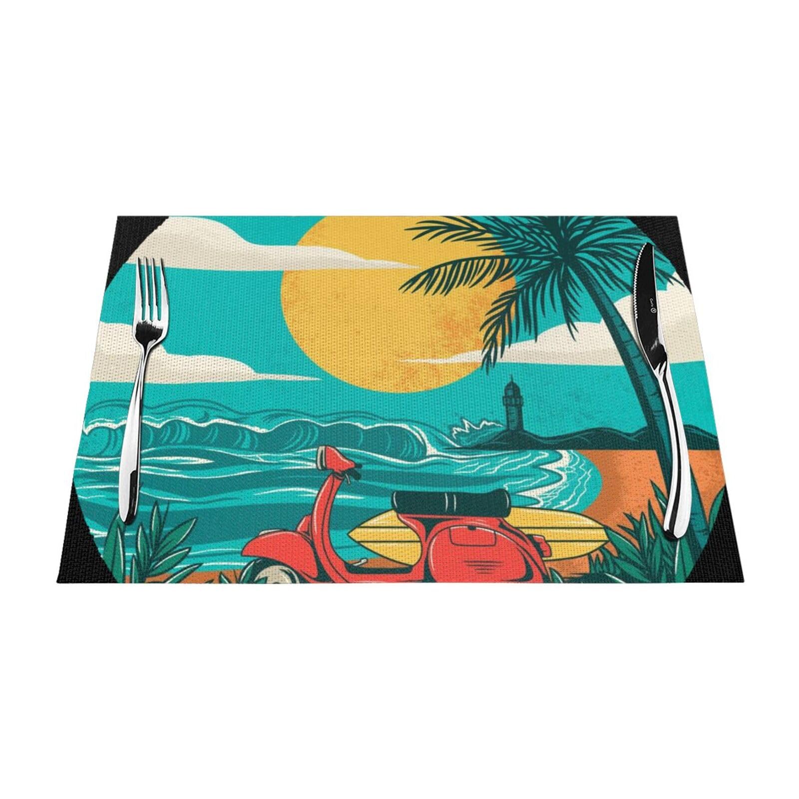 PVC Placemat Set of 1 PCS, 45x30 CM, Sunset Beach Palm Tree Printed Non-Slip Heat Resistant Place Mats for Kitchen Dining Table Indoor Outdoor
