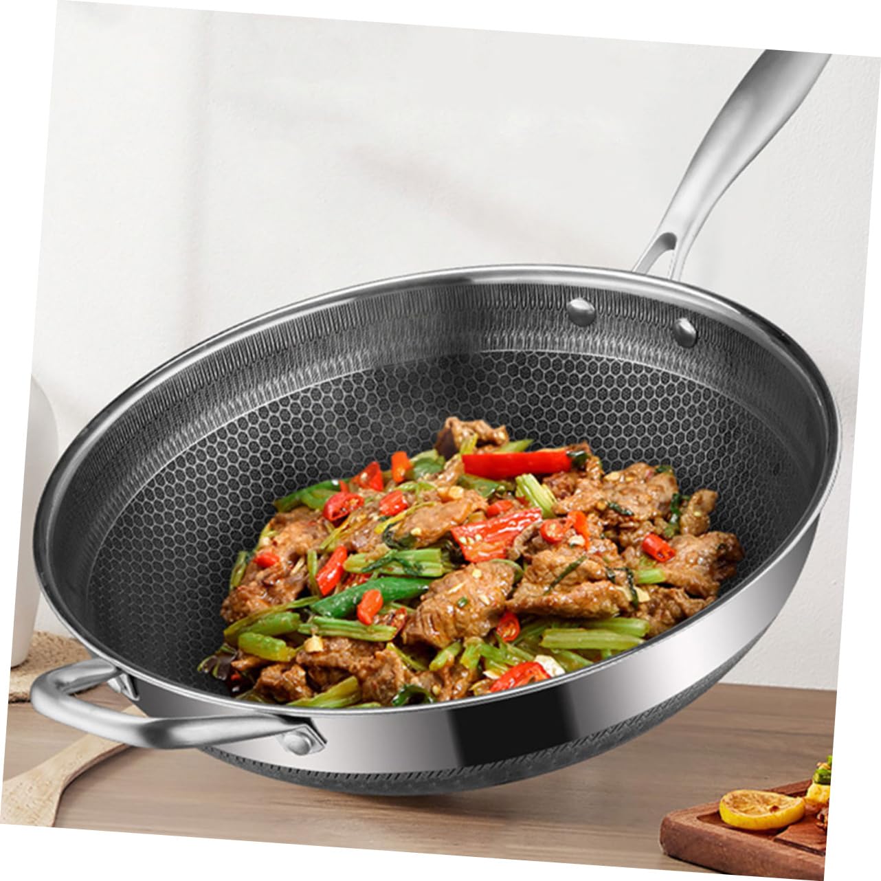 Ciieeo Padella wok a nido d'ape in acciaio inox a doppia maniglia con fondo piatto per a gas e induzione accessorio da cucina pentola antiaderente