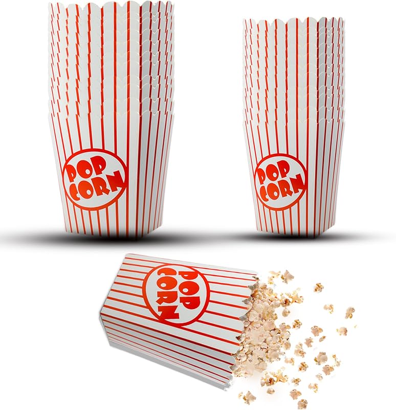 50 Pack Popcorn Boxes, Popcorn Container Buckets for Movie Night Party, Red and White Popcorn Bags, Vintage Snack Box Concession Carnival Supplies, Individual Popcorn Bucket for Pop Corn Machine