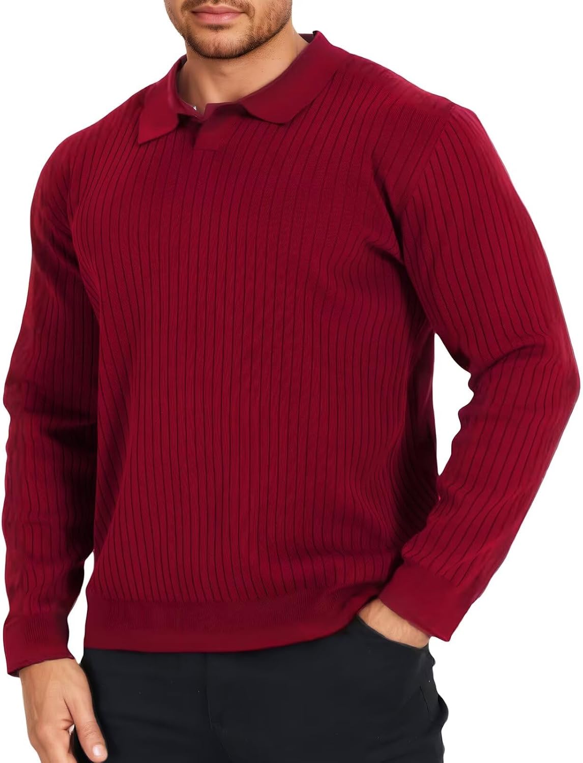 Epoleatries Mens Long Sleeve Knit Polo Shirt Lightweight Ribbed Polos Sweater Fall Winter Thermal Pullover Shirts with Collar