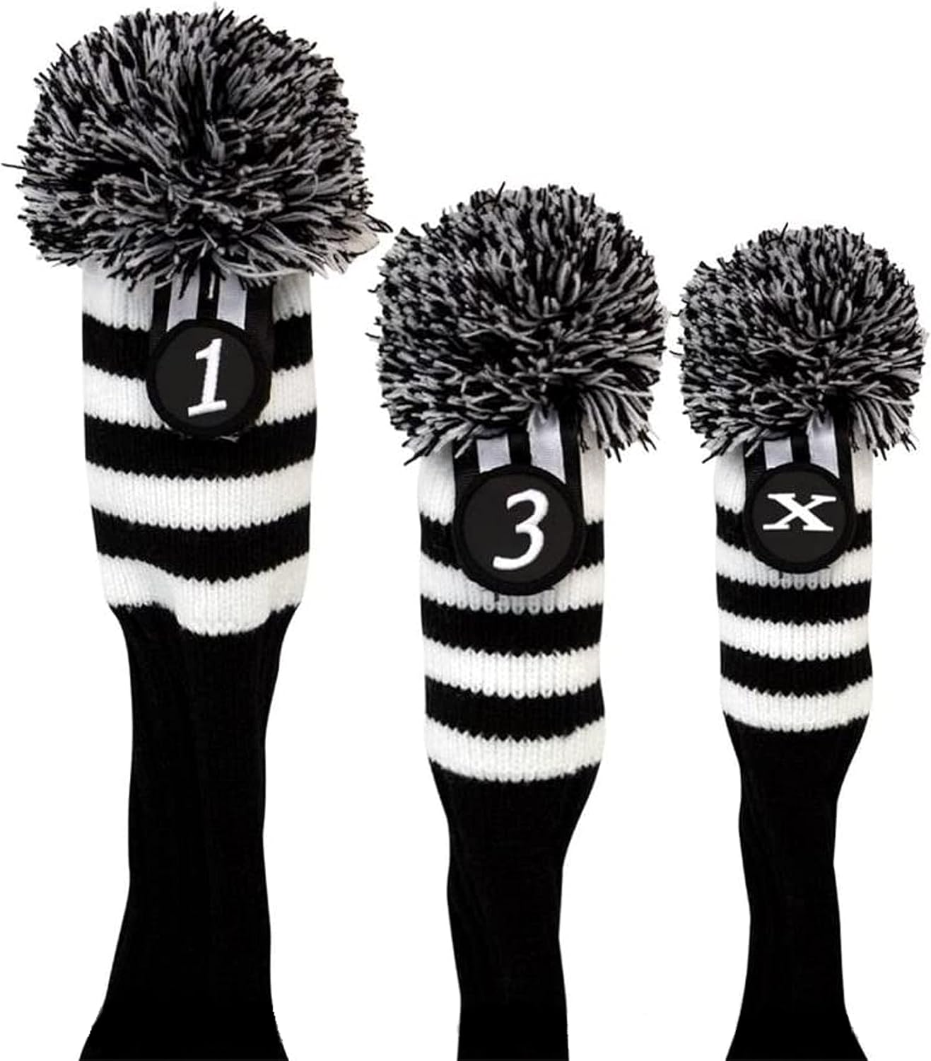 Pacific Golf Clubs Head Covers 1 3 X Black and White Knit Retro Old School Vintage Stripe Pom Pom Throwback Classic
