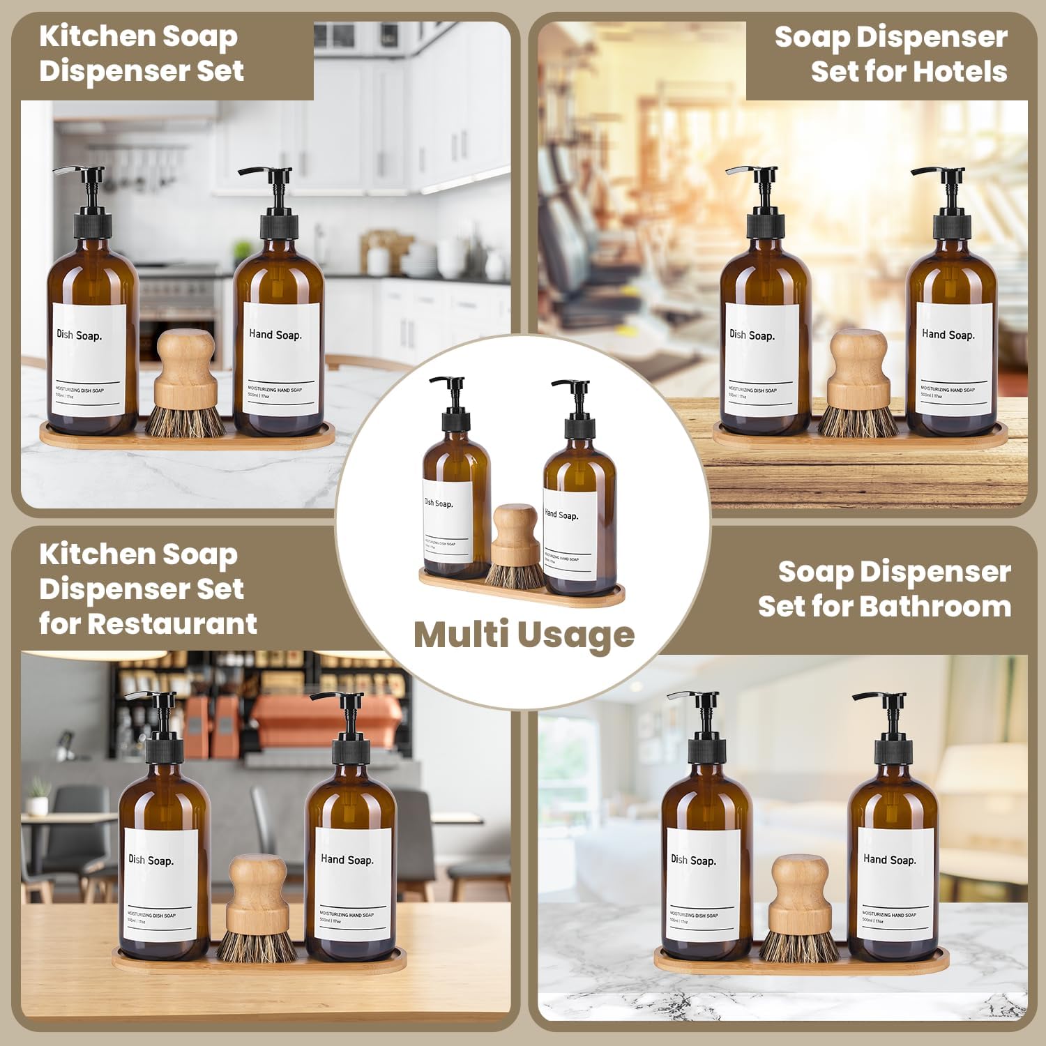 SIDIQI Design Glass Soap Dispenser Set of 2 with Plastic Pumps, Bamboo Tray, Brush & Labels - Ideal for Bathroom & Kitchen Countertop - 500ml/17 Oz