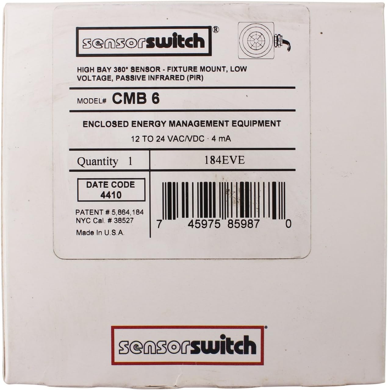 Sensor Switch CMB-6 High-Bay Occupancy Sensor, Fixture Mount, 360° PIR, 12-24V