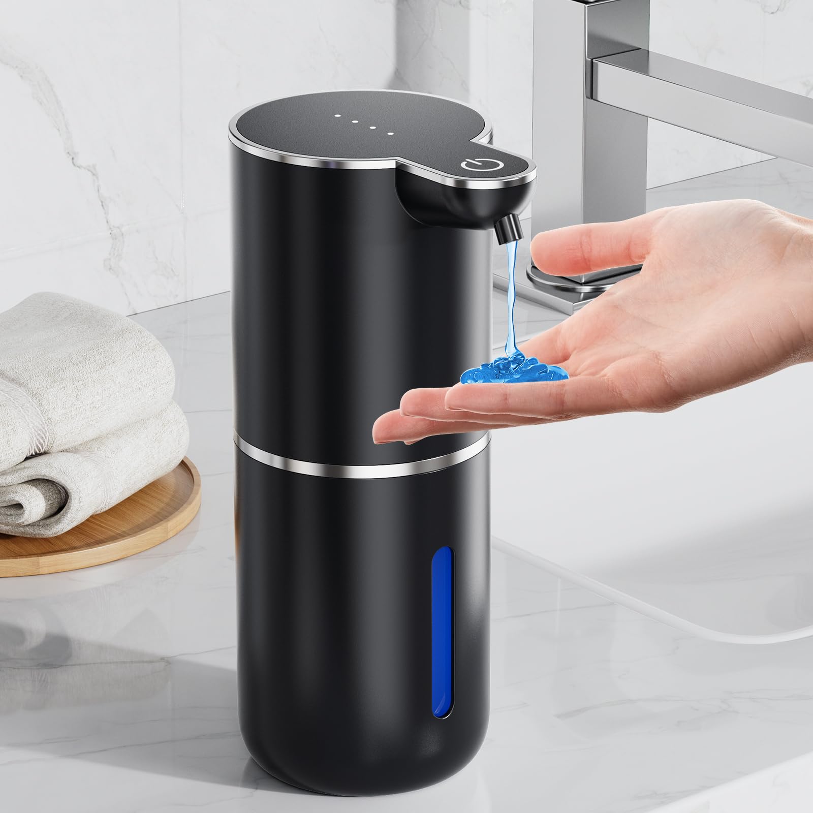 Fantictas Automatischer Seifenspender, elektrischer Flüssigseifenspender, USB wiederaufladbar, 4 Stufen verstellbar, 380 ml Wandhalterung, geeignet für Badezimmer/Küche/Geschirrspülmittel, Schwarz
