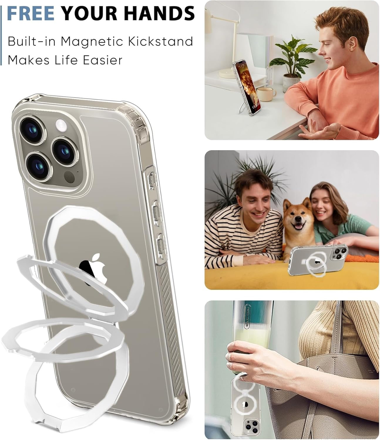 for iPhone 15 Pro Max Case, with Screen Protector + Camera Lens Protector, Built-in Seamless Stand, [Compatible with MagSafe] Protective Shockproof Phone Case, Cover iPhone 15 ProMax - Clear - Image 3