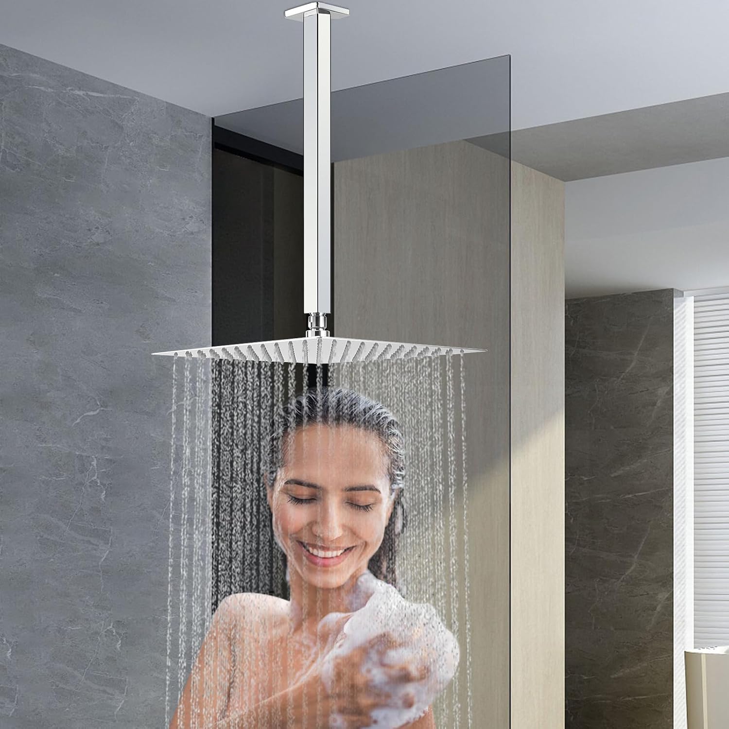 NearMoon Ceiling Mounted Shower Arm with Flange, Universal Connection 1/2 NPT Straight Square Shower Arm for Fixed Rain Shower Head, Made of Thicken Stainless Steel (20 Inch, Chrome)