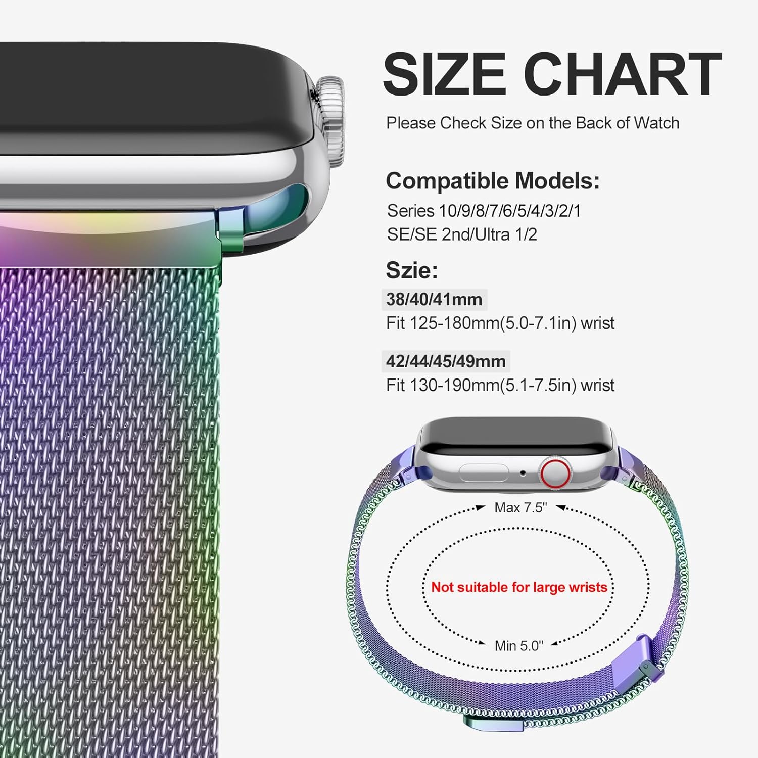 Easuny for Apple Watch Band Series 10/9/8/7/6/5/4/3/SE/Ultra (Double Strong Magnetic Milanese Loop)-Soft Metal Wristband for Women iWatch 38mm 40mm 41mm 42mm 44mm 45mm 46mm 49mm(Rainbow) - Image 6