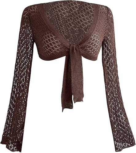 MakeMeChic Women's Crochet Cover Up Hollow Out Tie Knot Long Sleeve Crop Cardiga