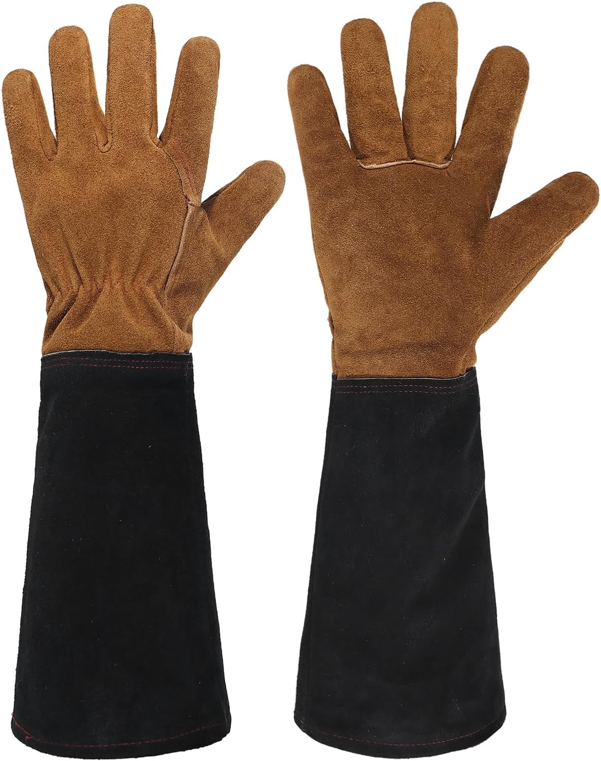 HANDLANDY Long Gardening Gloves for Men & Women, Pigskin Leather Rose Pruning Gloves, Breathable Thorn Proof Gauntlet Glove (Coffee Brown, M)