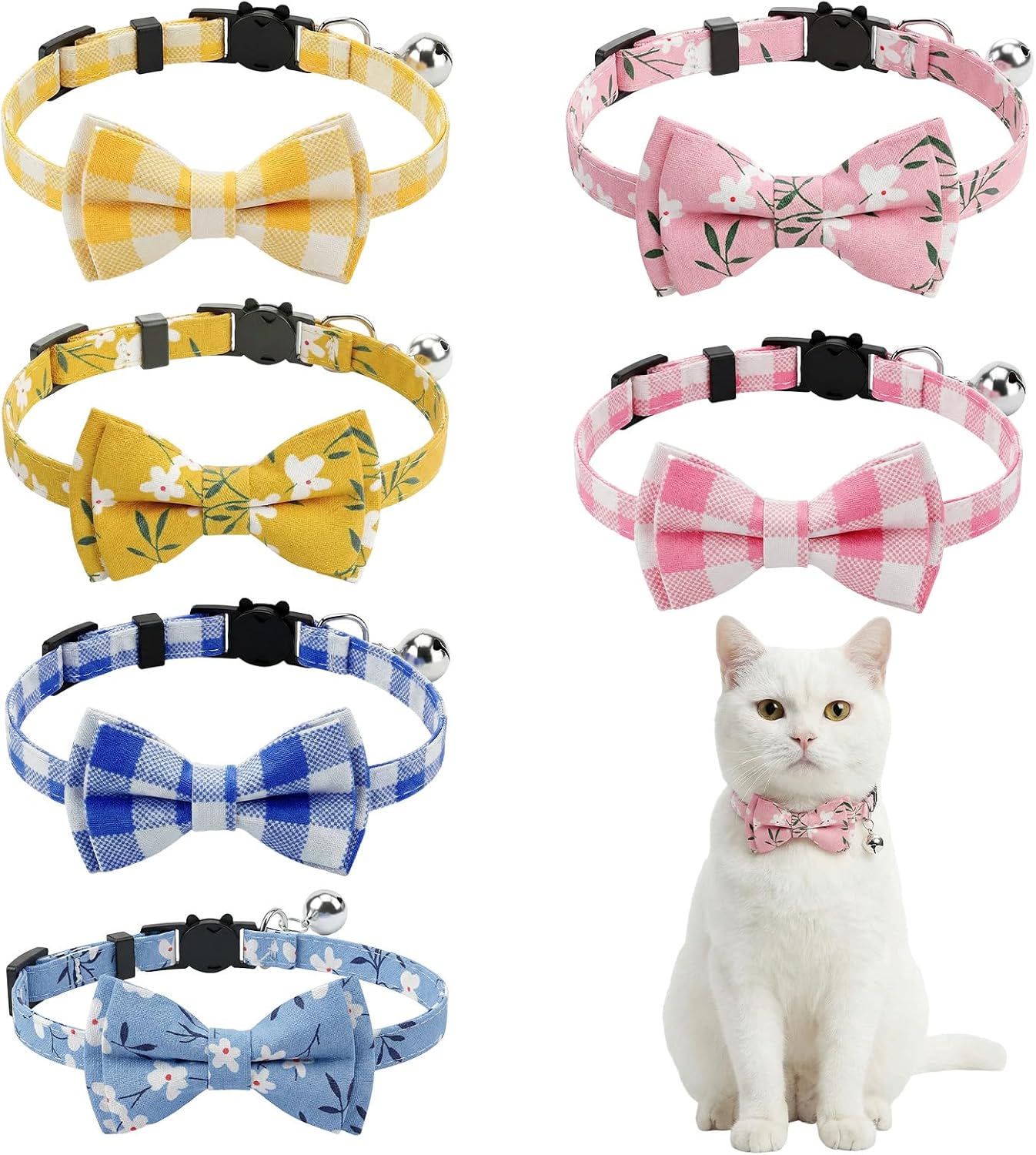 6 Pcs Spring Cat Collar Breakaway with Bow Tie and Bell Kitten Collars Removable Bowtie Plaid Flower Cat Collar for Cats Kittens Puppy (Flower)