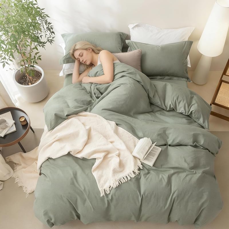BDEAR 3Pcs Heathered Green Duvet Cover Queen Size 90" L x 90" W, Oeko TEX image 3