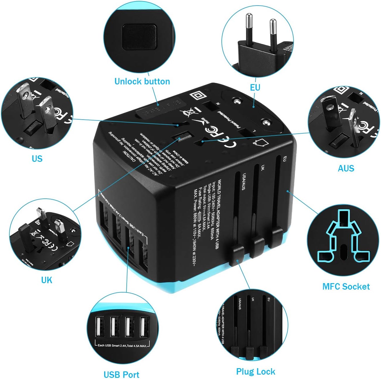 Universal Travel adapter, International wall charger with 4 USB Charging Ports, World adaptor combo, All in One power converters - Type A C G I for USA UK Japan China Eu Europe European