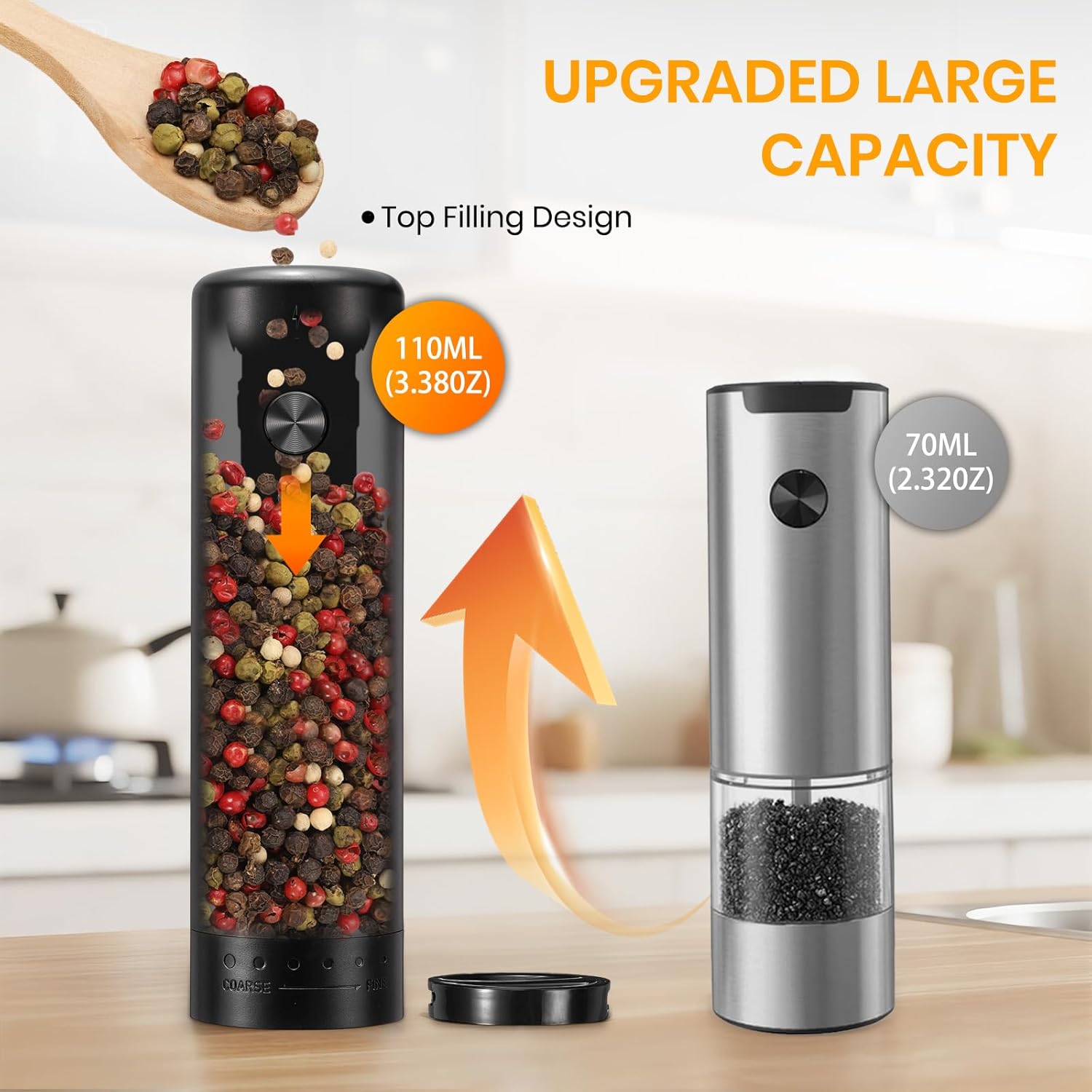 Rechargeable Salt Grinder Set Top-Refill Electric Grinders with Variable Grinding Speed, External Adjustable Coarseness, Black