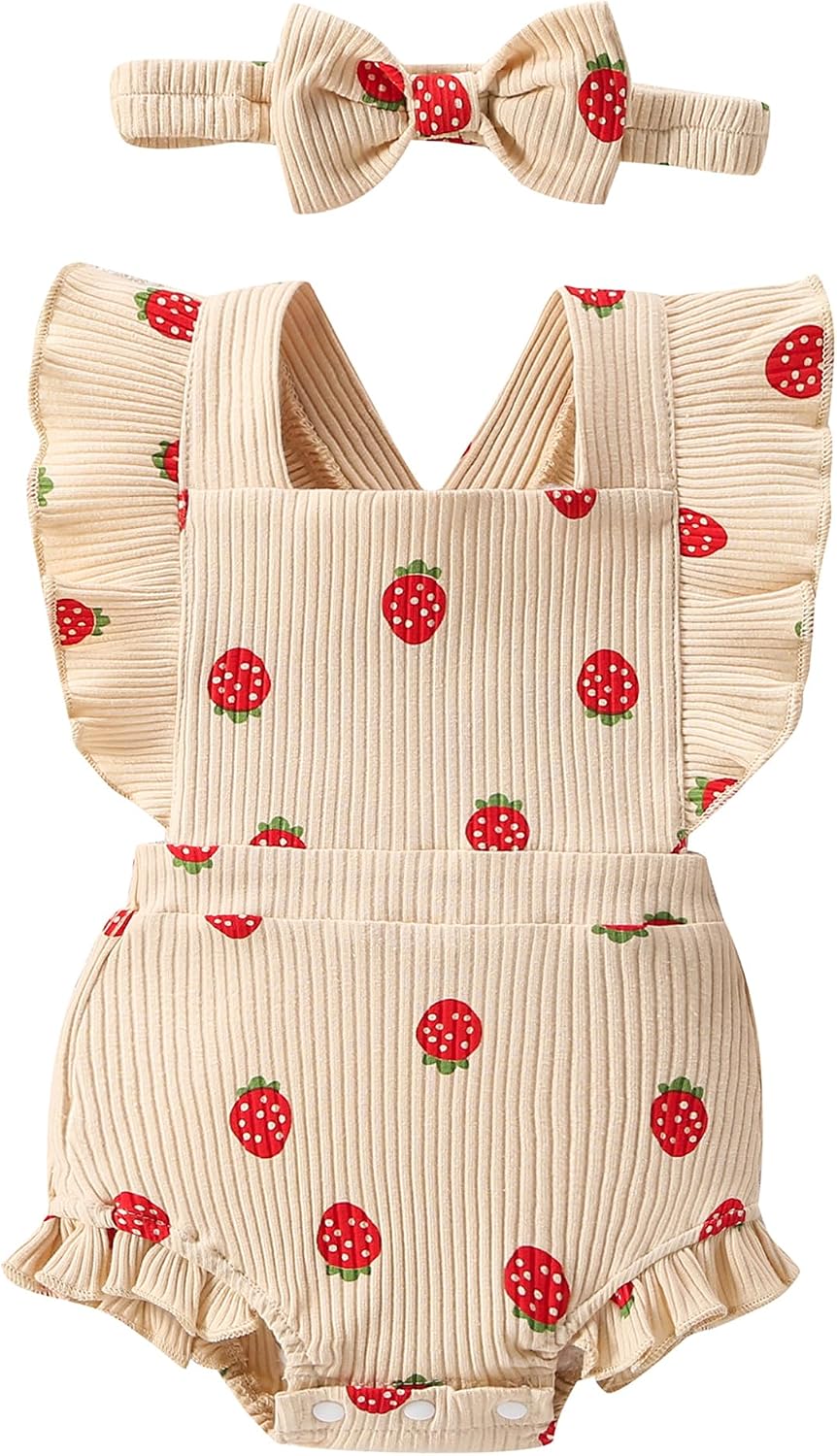 QITUDATEY Newborn Baby Girl Clothes, Cute Summer Ruffle Sleeve Romper Infant Jumpsuit Outfits with Headband 0-12 Months