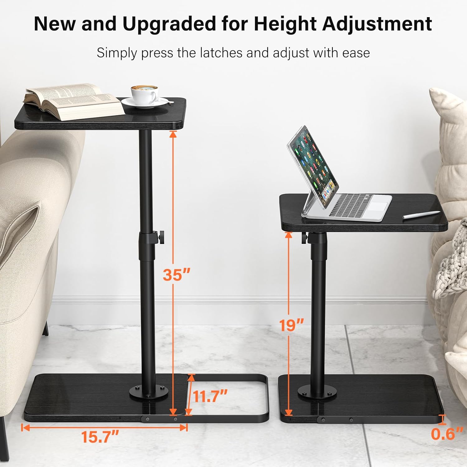 TV Tray Table for Couch - Adjustable Height & 360°Swivel Panel Design，Larger Metal and Wooden Base to Prevent Slipping，Sofa Armrest Tray Table for Eating Laptop Couch Bed Dinner or Small Space