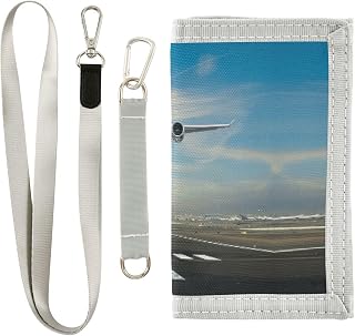 Trifold Nylon Wallet, Unisex Slim Purse With Key hook Chain ID Credit Card Case Holder for Bills Crash 9.05x4.92 inch Print Airplane Taking Off From The Airport Front View