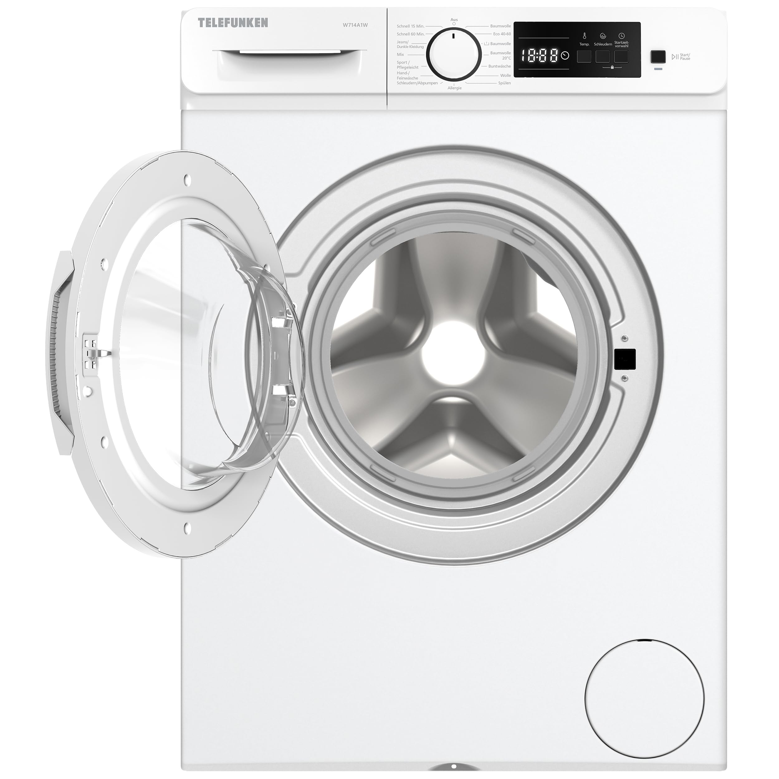Telefunken W714A1W Waschmaschine 7kg Frontlader 1400 U/Min. EEK A | Inverter Motor - Leise & Effizient, Schontrommel aus Edelstahl, Startzeitvorwahl, Washing Machine, 15 Programme, weiß