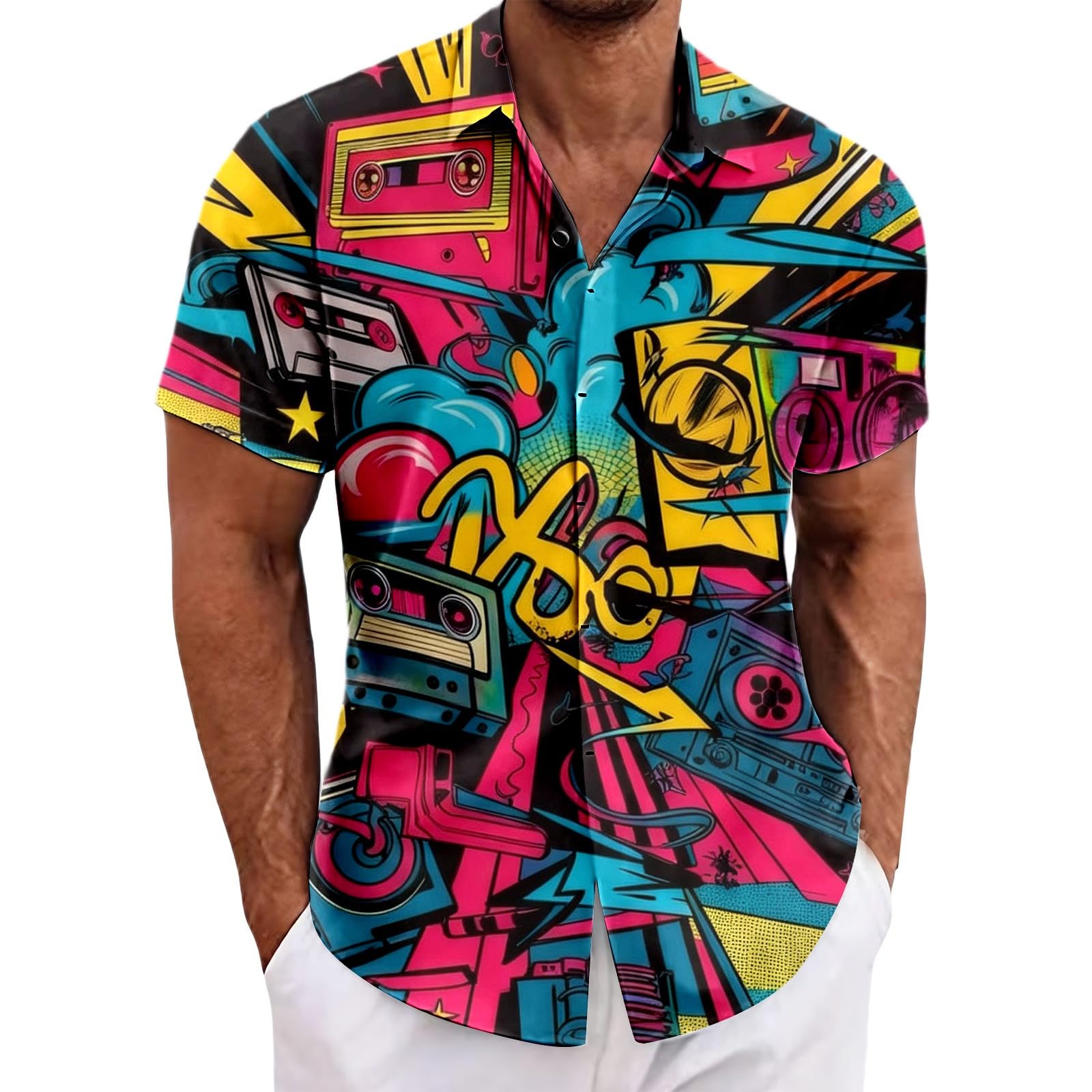 RUMAOZIA Men's Hawaiian Shirt 80s 90s Style Short Sleeve Carnival Fancy Dress Outfit 80s Shirts 90s Button Up Shirt Retro Hawaiian Beach Shirt Neon Disco Funny Party Shirts Colourful Vintage Shirts โ image 1