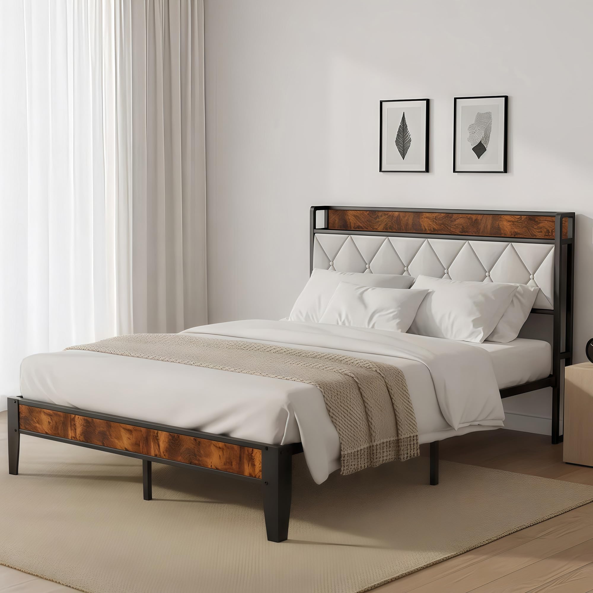 Metal Bed Frame Full Size with Charging Station & Upholstered Headboard, Heavy Duty Metal Platform Bed Frame No Box Spring Needed, Easy Assembly,