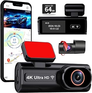 Dashcam Auto Vorne Hinte, 4K Kamera mit 5GHz WLAN und 24/7 Parküberwachung für maximale Sicherheit durch Nachtsicht & 170° Weitwinkel - Inkl. 64GB SD Karte