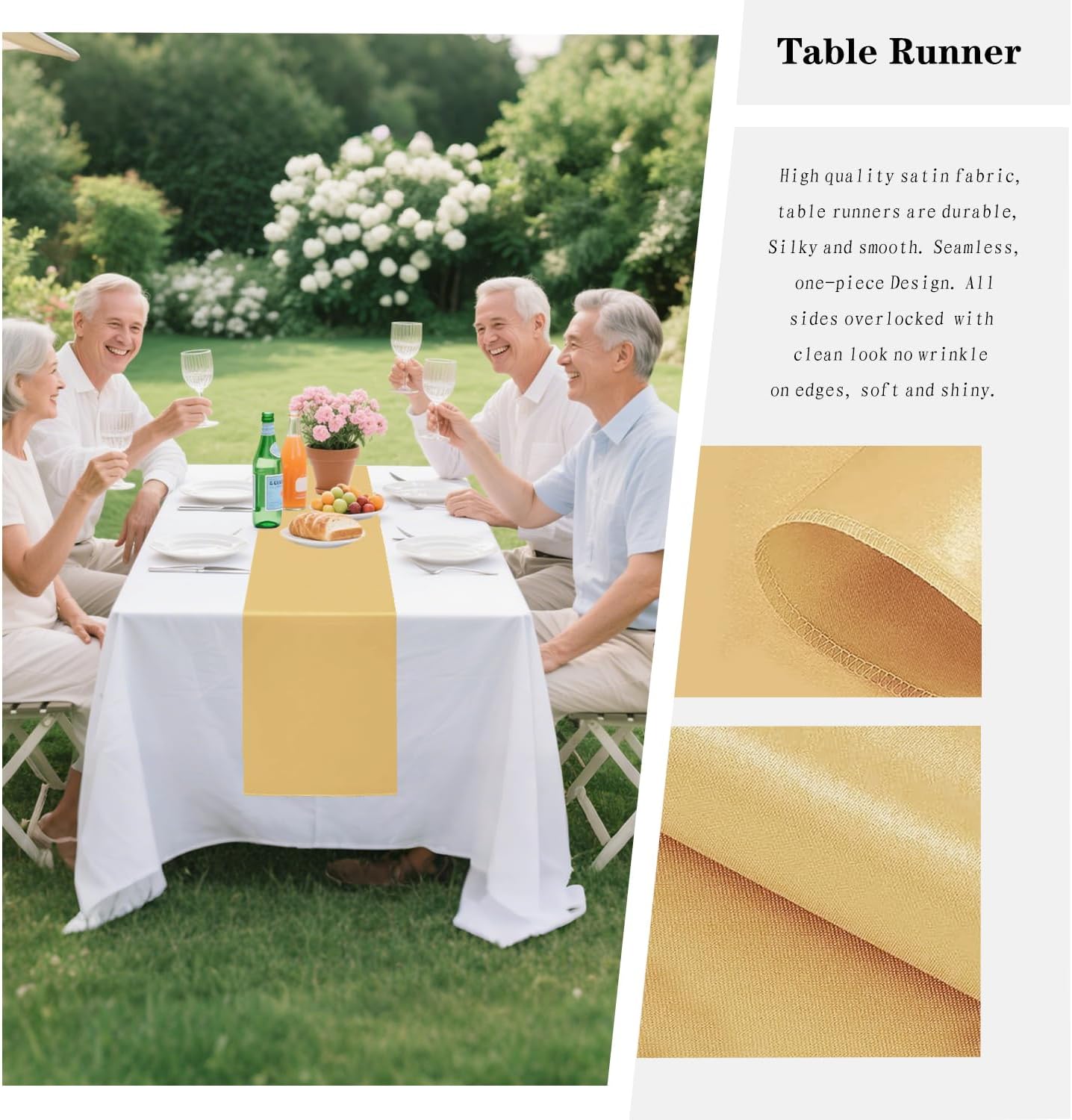 10 Pack Satin Table Runner 12 x 108 Inch Long Light Gold Smooth Silk Fabric Table Runner for Birthday Parties Wedding Banquets Decorations.
