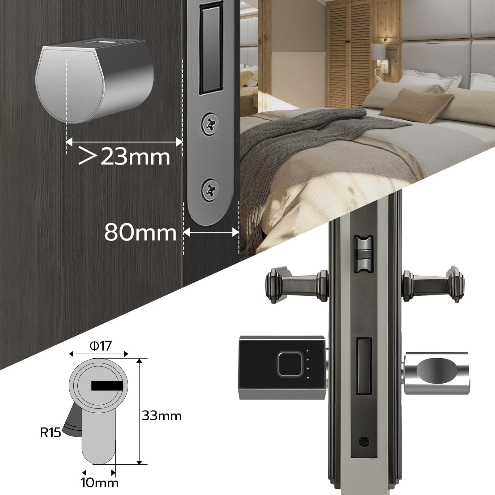 Serrure de porte électronique 40/40 80 mm avec clé, empreintes digitales, application Bluetooth autorisation à distance : convient pour les portes de la plupart des UE - serrures de porte à monter