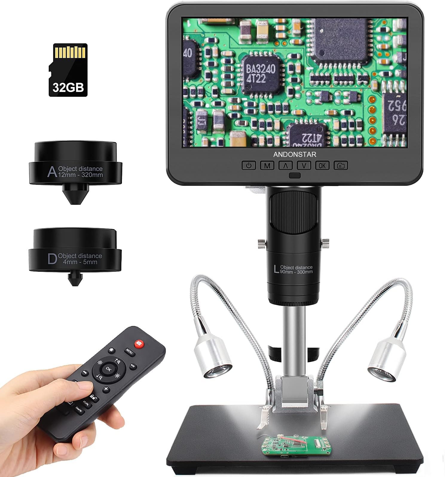 AD246S HDMI Digital Microscope with 7'' Screen, Soldering Microscope with Metal Stand, 2000X Three Lens Coin Microscope Kit for Kids and Adults, Photo/Video Recording, Windows Compatible
