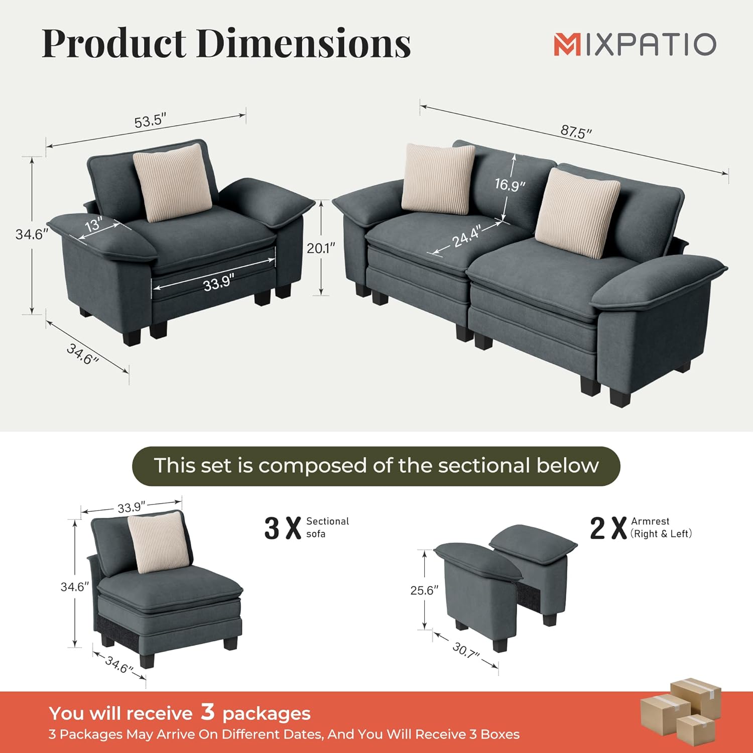 MIXPATIO L-Shaped Cloud Modular Sofa Set, 4-Piece Double Loveseat Sectional w/Deep Seat & Removable Arms, Plush Chenille for Living Room - Cyan