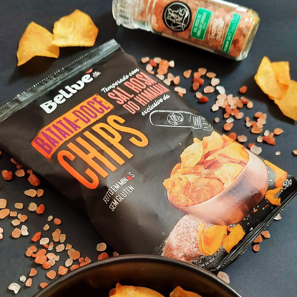 Chips de Batata-Doce Sem Glúten Belive temperados com Sal Rosa do Himalaia 50g