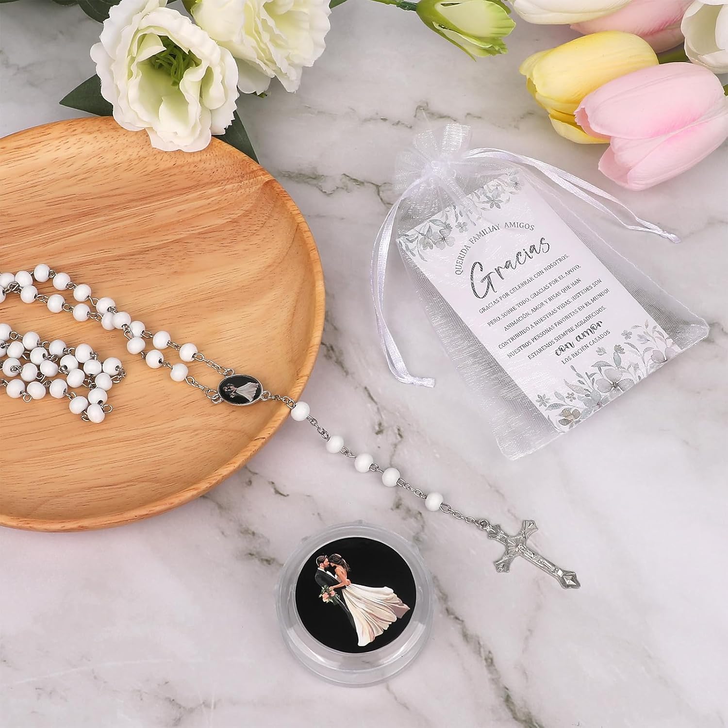 24 Sets Nuestro Boda Rosary Beads Necklace Catholic Wedding Favors Para Boda Religious Aromatherapy Wood Beads with Box Cards Organza Bags Spain Wedding Gift for Guests Bridal Groom