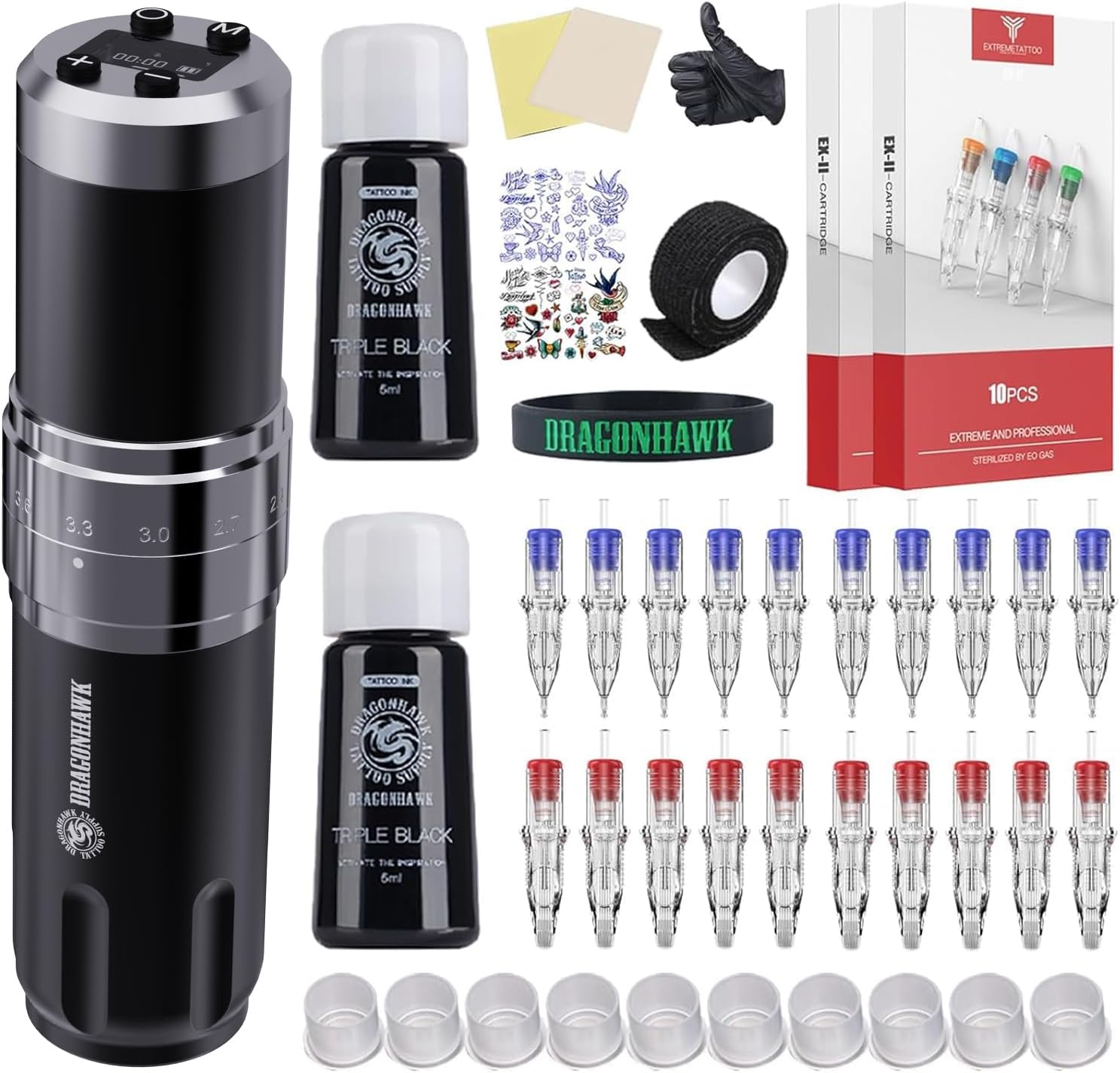 Dragonhawk Wireless Tattoo Gun Kit - Pro Rotary Tattoo Machine with 7 Strokes Length 20 Cartridges Needles Practice Skin Black Tattoo Inks for Beginners