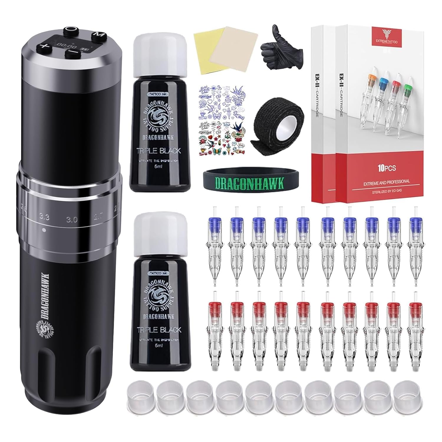 Dragonhawk Wireless Tattoo Gun Kit - Pro Rotary Tattoo Machine with 7 Strokes Length 20 Cartridges Needles Practice Skin Black Tattoo Inks for Beginners