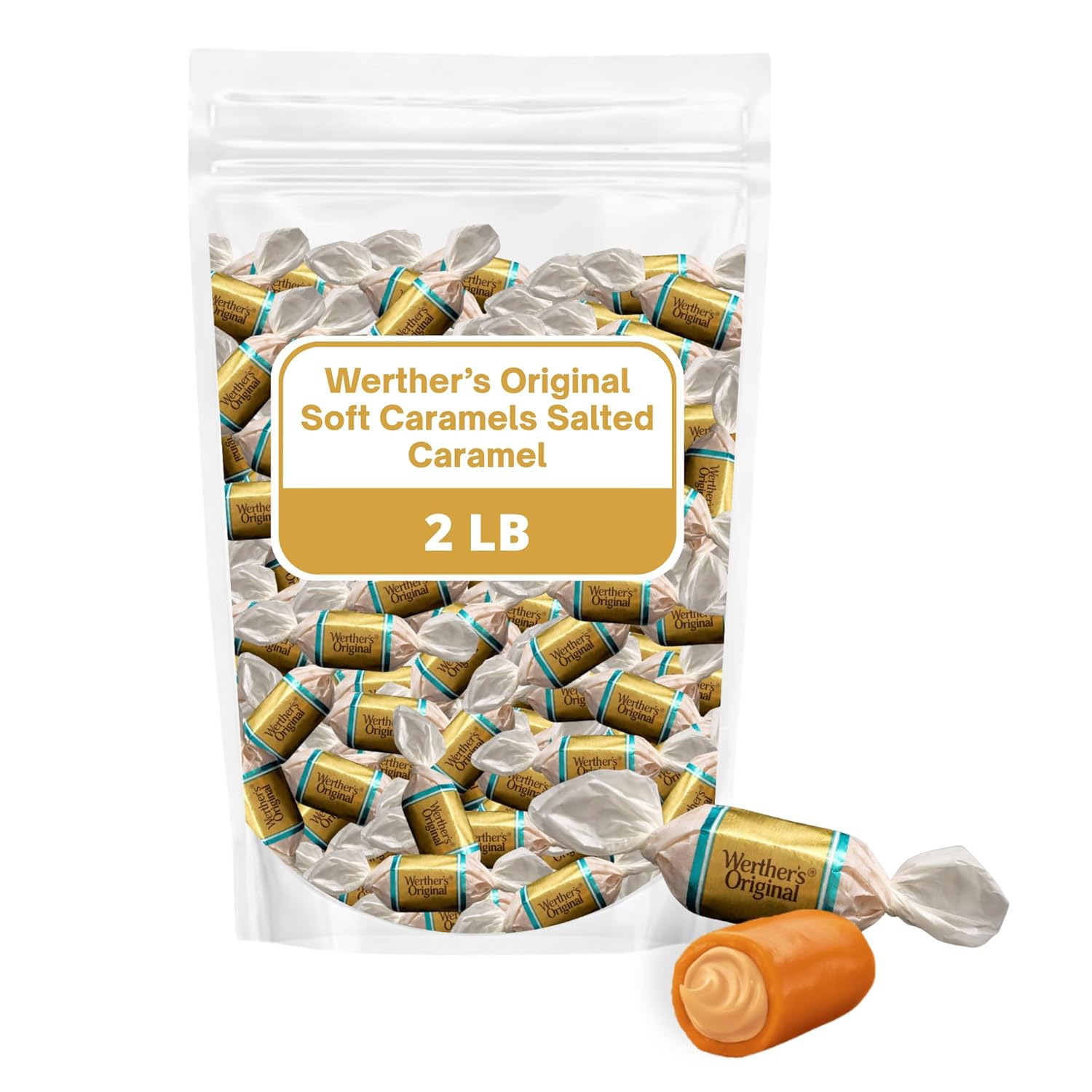Werther's Soft Salted Caramel Filled Candy - 2lb Bag of Candy, Individually Wrapped Werthers Original Candies with Salted Caramel Creme Inside, Perfect for Snack Box & Holiday Gift