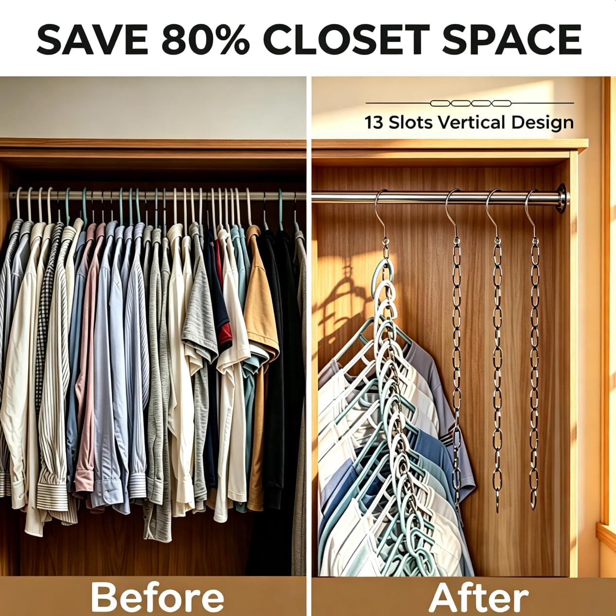 Hehsuoer Space Saving Hangers 4-Pack, Clothing Chain Hangers with 13 Loops.