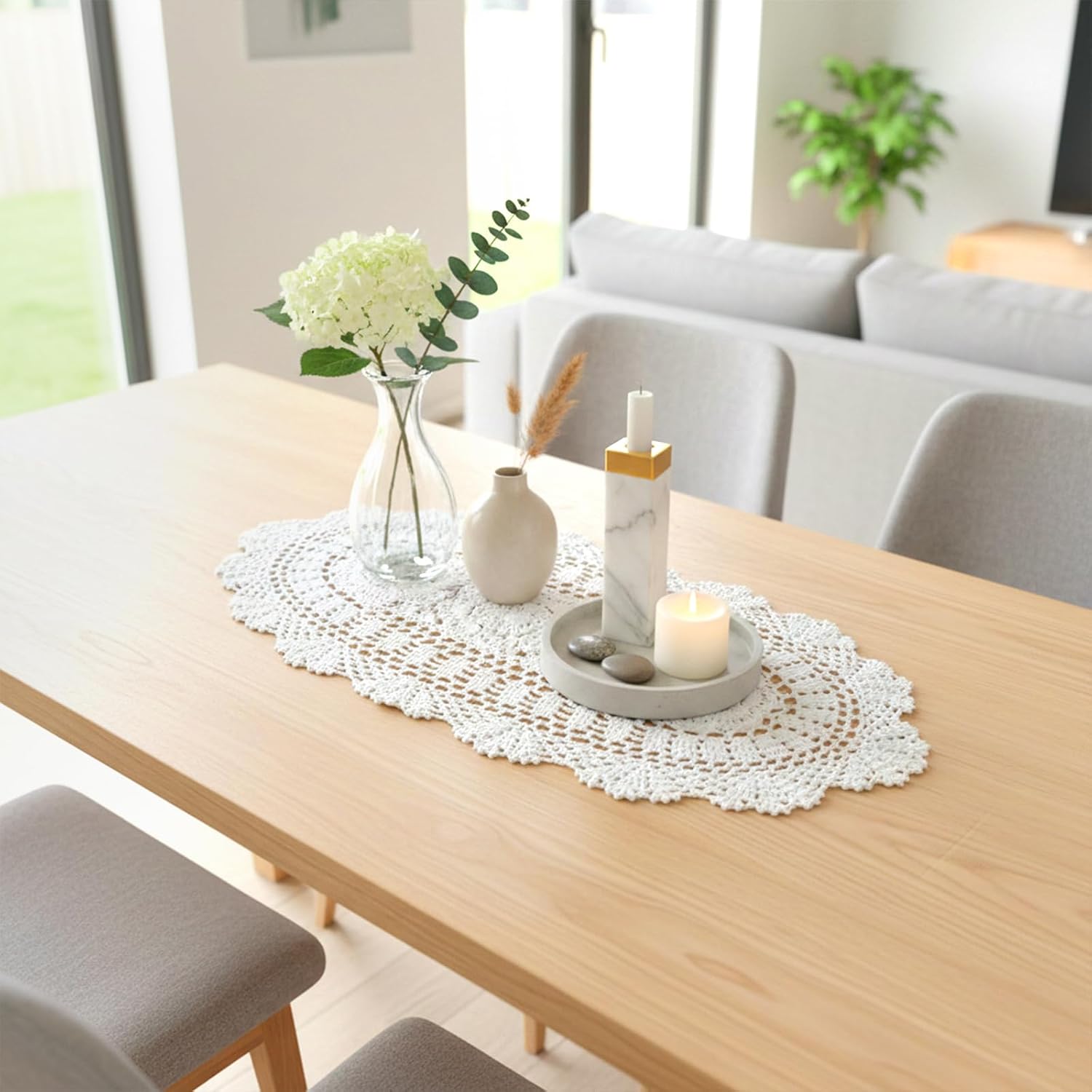 Oval Lace Table Runner, 12x24 Inch Handmade Vintage Crochet Table Runner Doilies, Floral Cotton Tables Scarf & Dresser Scarf for Bedrooms, Sturdy Crochet Placemats for Coffee/End Tables, White