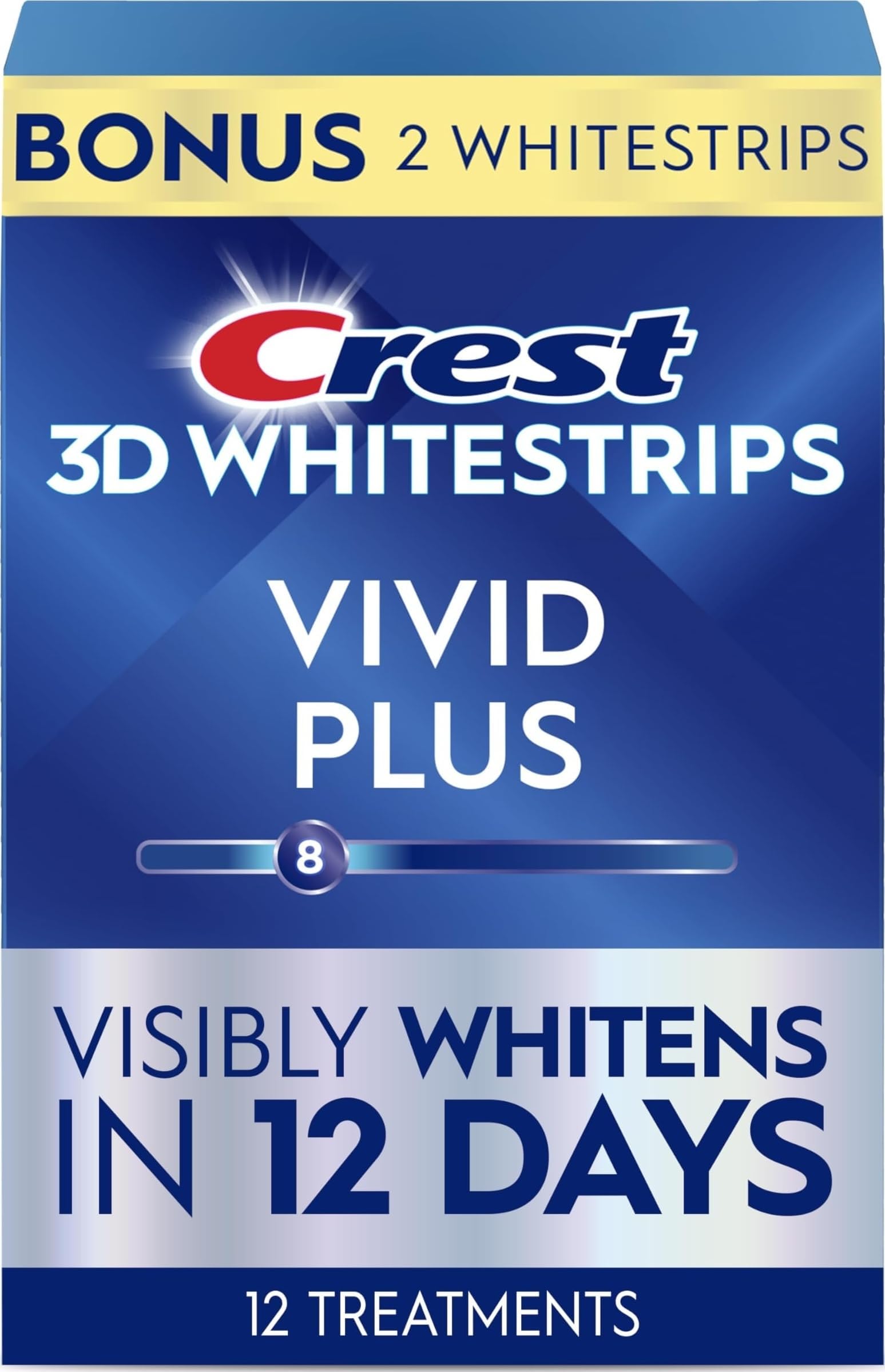 Crest Teeth Whitening Strips, Crest 3D Whitestrips Vivid Plus, Enamel Safe Teeth Whitening Kit, 12 Treatments (24 Strips), Visibly Whitens in Days, 8 Levels Whiter
